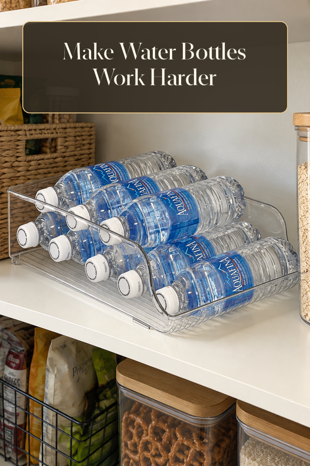 A realistic water bottle organizer organizing water bottles in a naturally lit lived-in home.