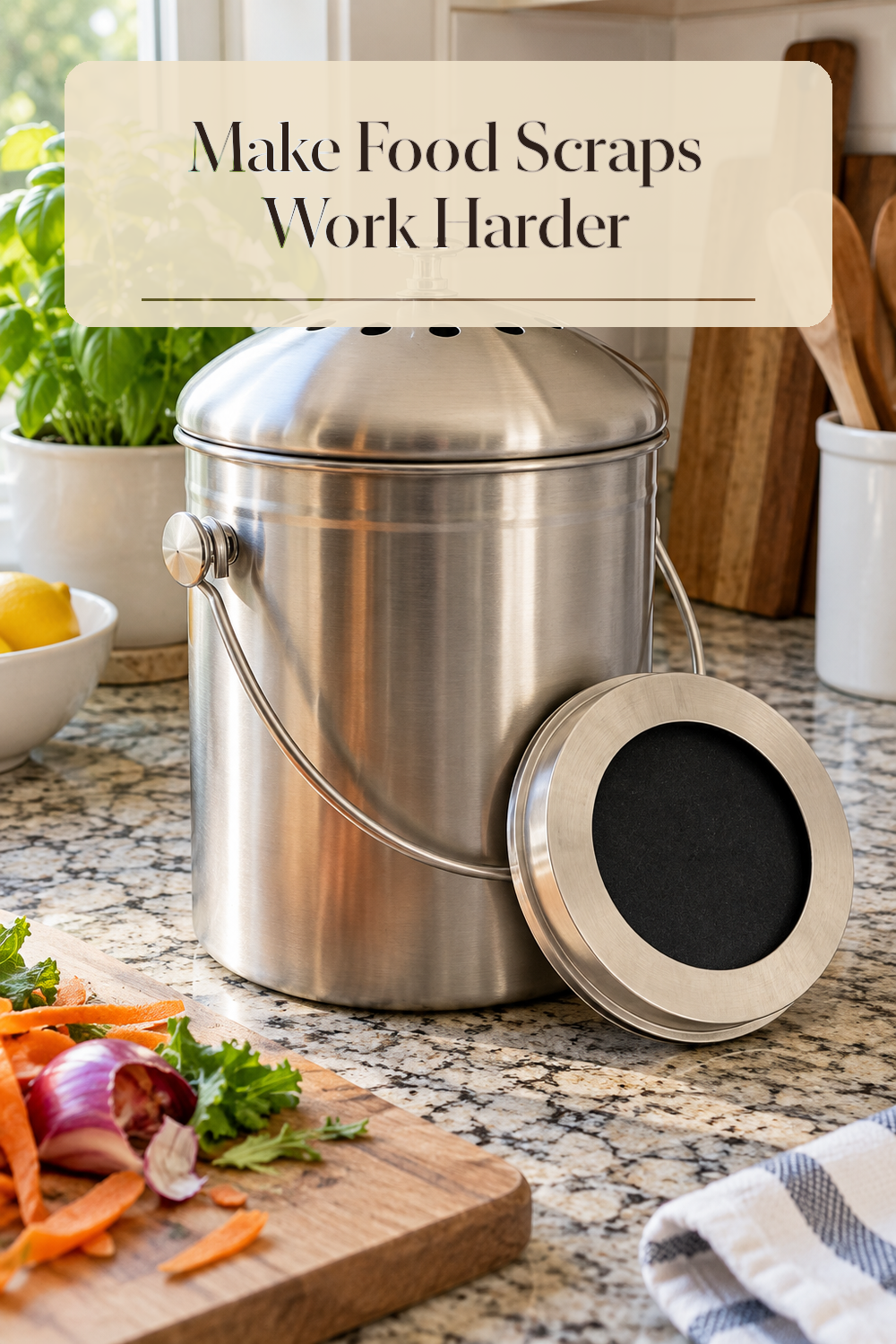 A realistic compost bin organizing food scraps in a naturally lit lived-in home.