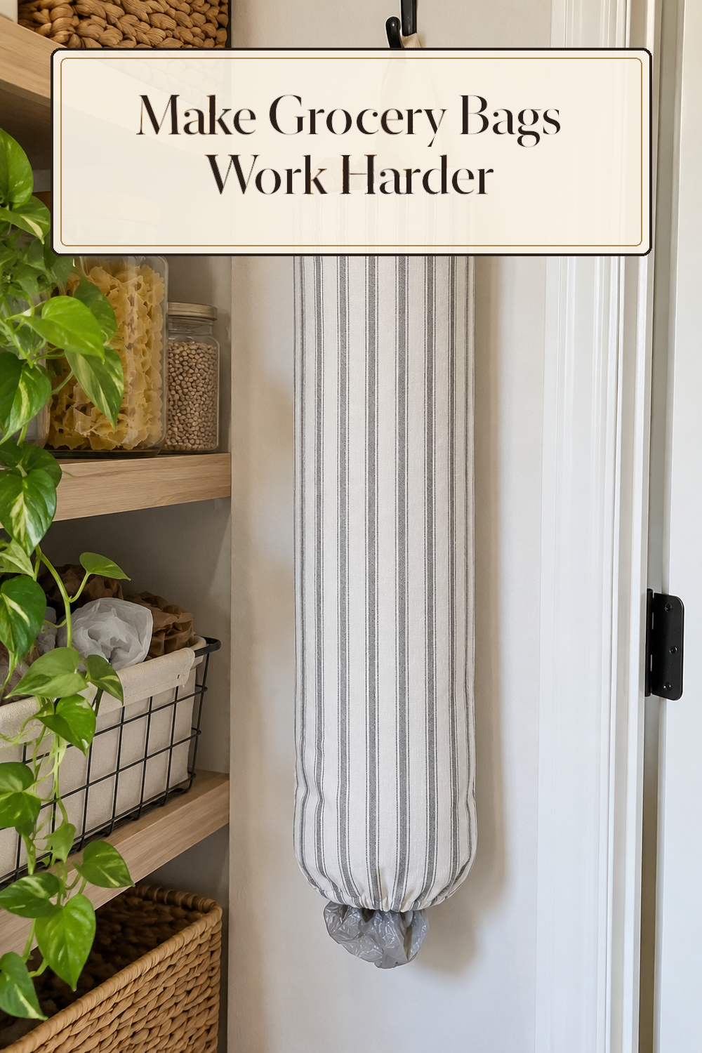 A realistic bag organizer organizing grocery bags in a naturally lit lived-in home.