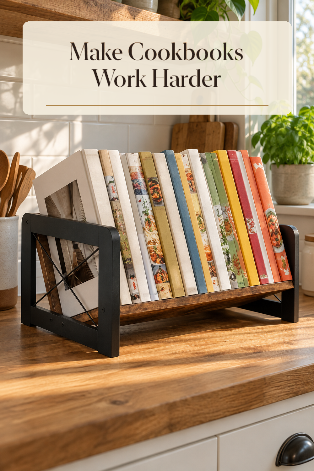 A realistic cookbook organizer organizing cookbooks in a naturally lit lived-in home.