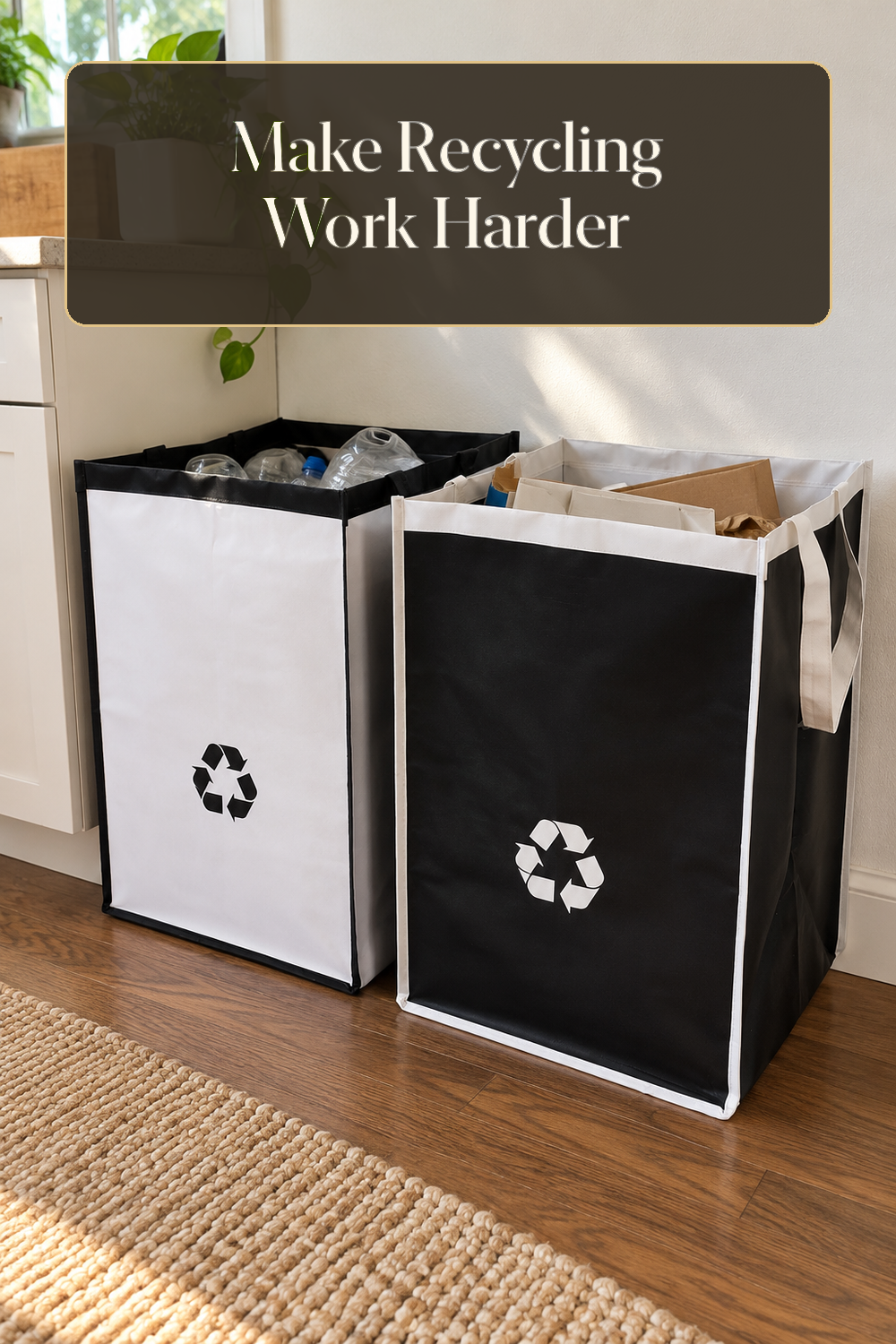A realistic recycling organizer organizing recycling in a naturally lit lived-in home.