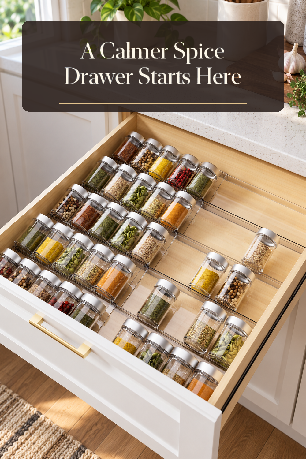 A realistic spice organizer organizing spice drawer in a naturally lit lived-in home.