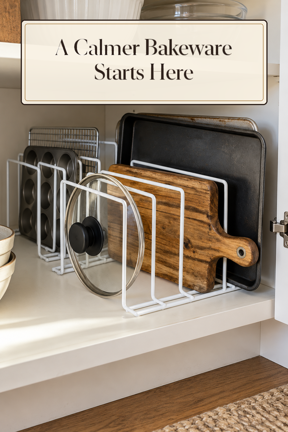A realistic bakeware organizer organizing bakeware in a naturally lit lived-in home.