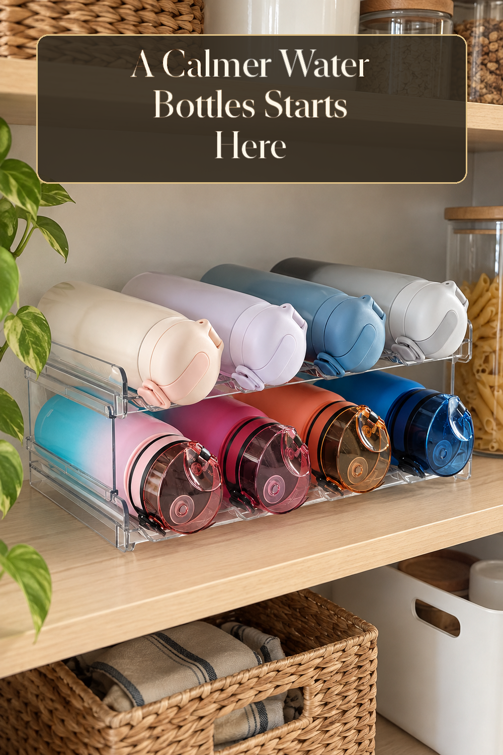 A realistic water bottle organizer organizing water bottles in a naturally lit lived-in home.