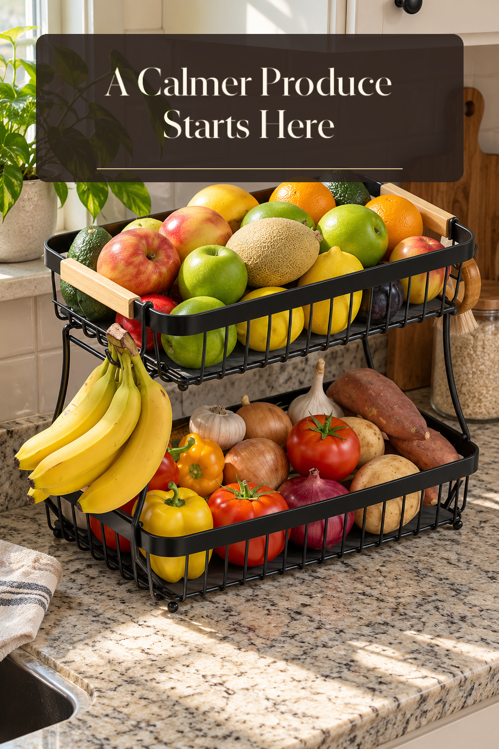 A realistic produce basket organizing produce in a naturally lit lived-in home.