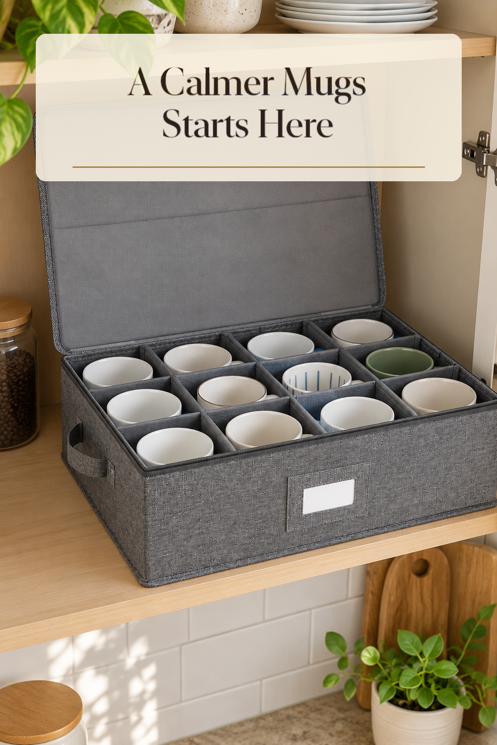 A realistic mug organizer organizing mugs in a naturally lit lived-in home.