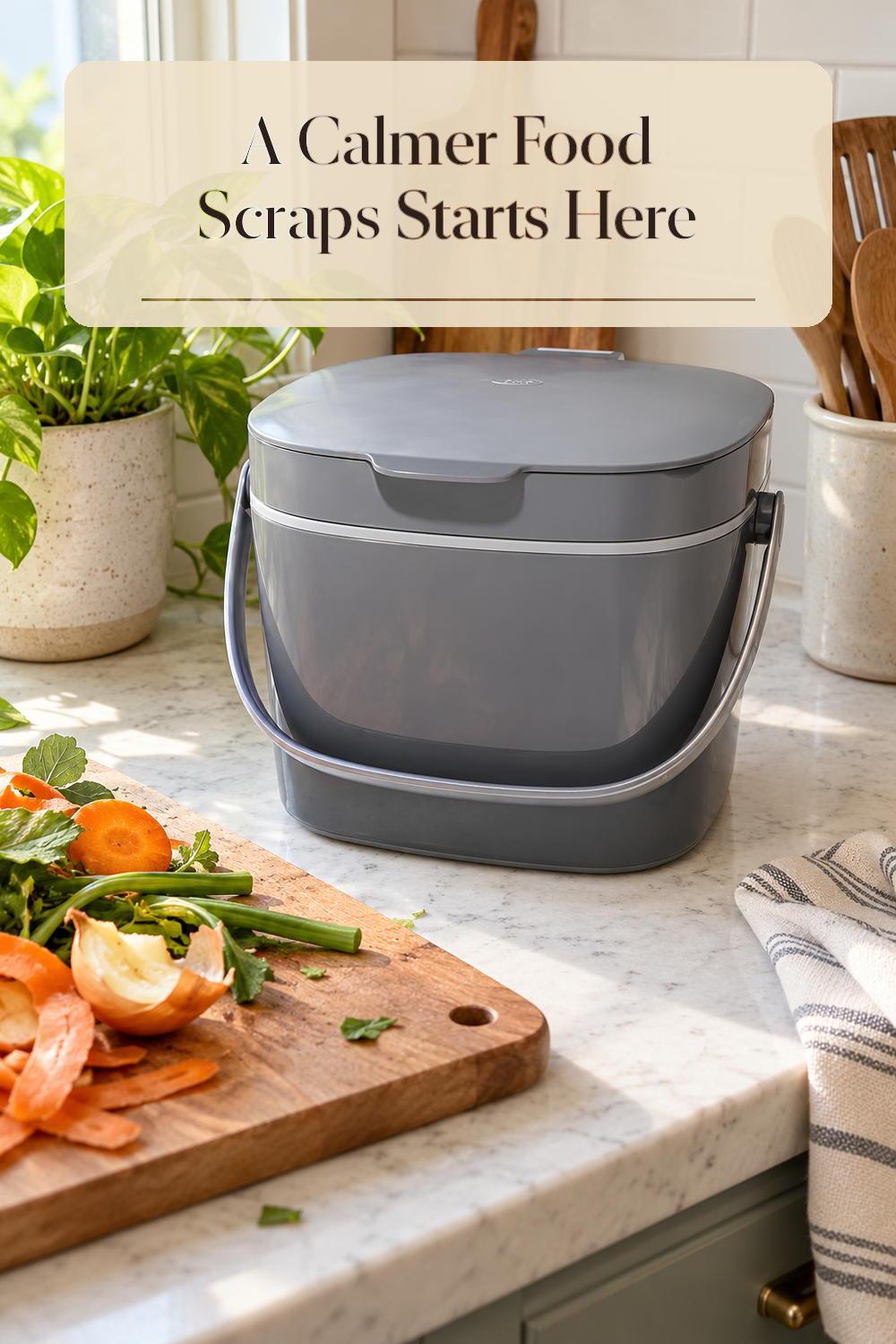 A realistic compost bin organizing food scraps in a naturally lit lived-in home.