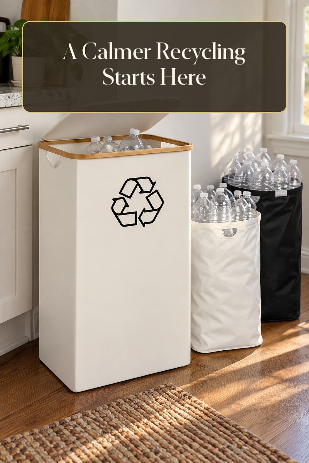 A realistic recycling organizer organizing recycling in a naturally lit lived-in home.
