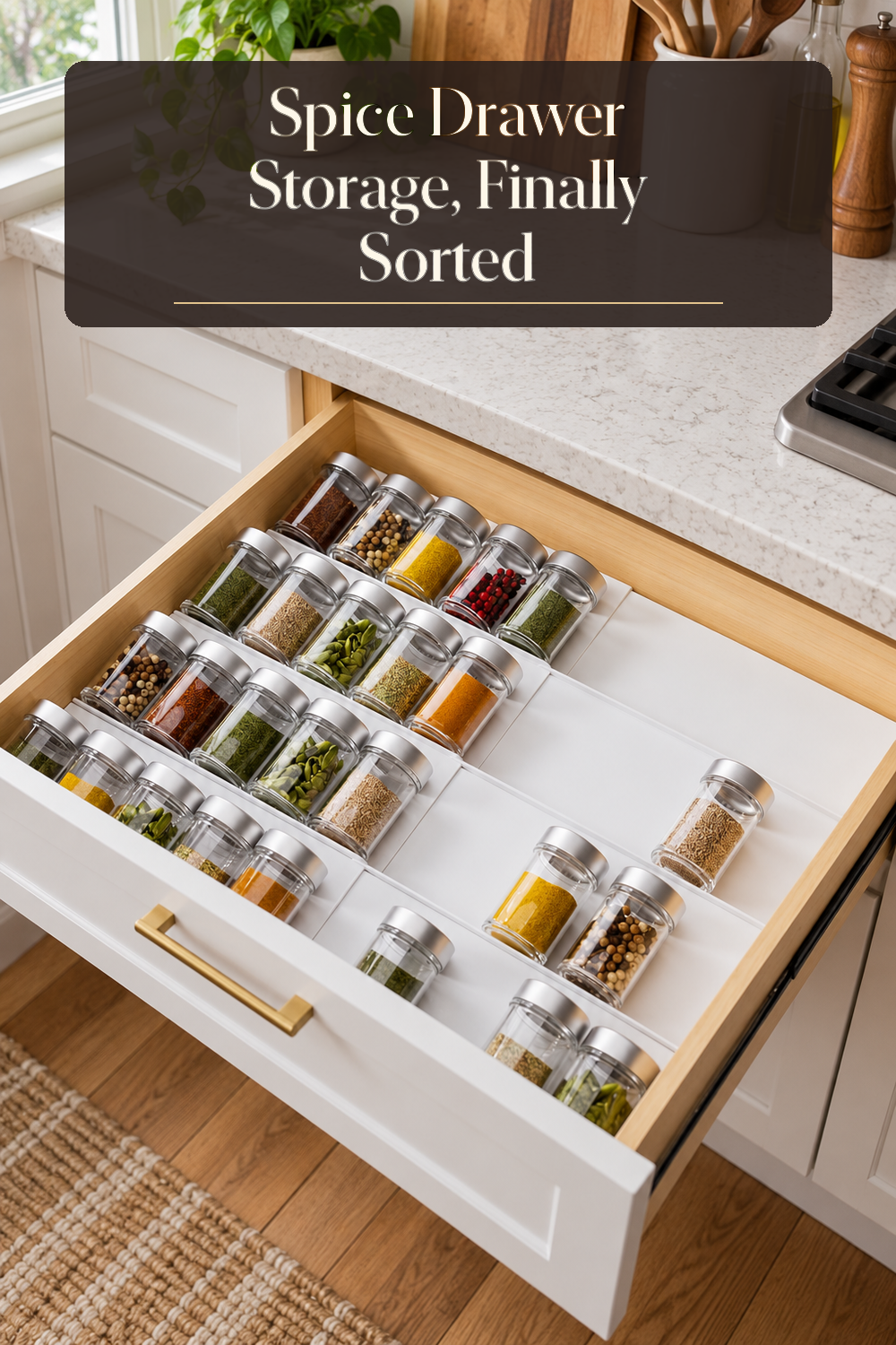 A realistic spice organizer organizing spice drawer in a naturally lit lived-in home.