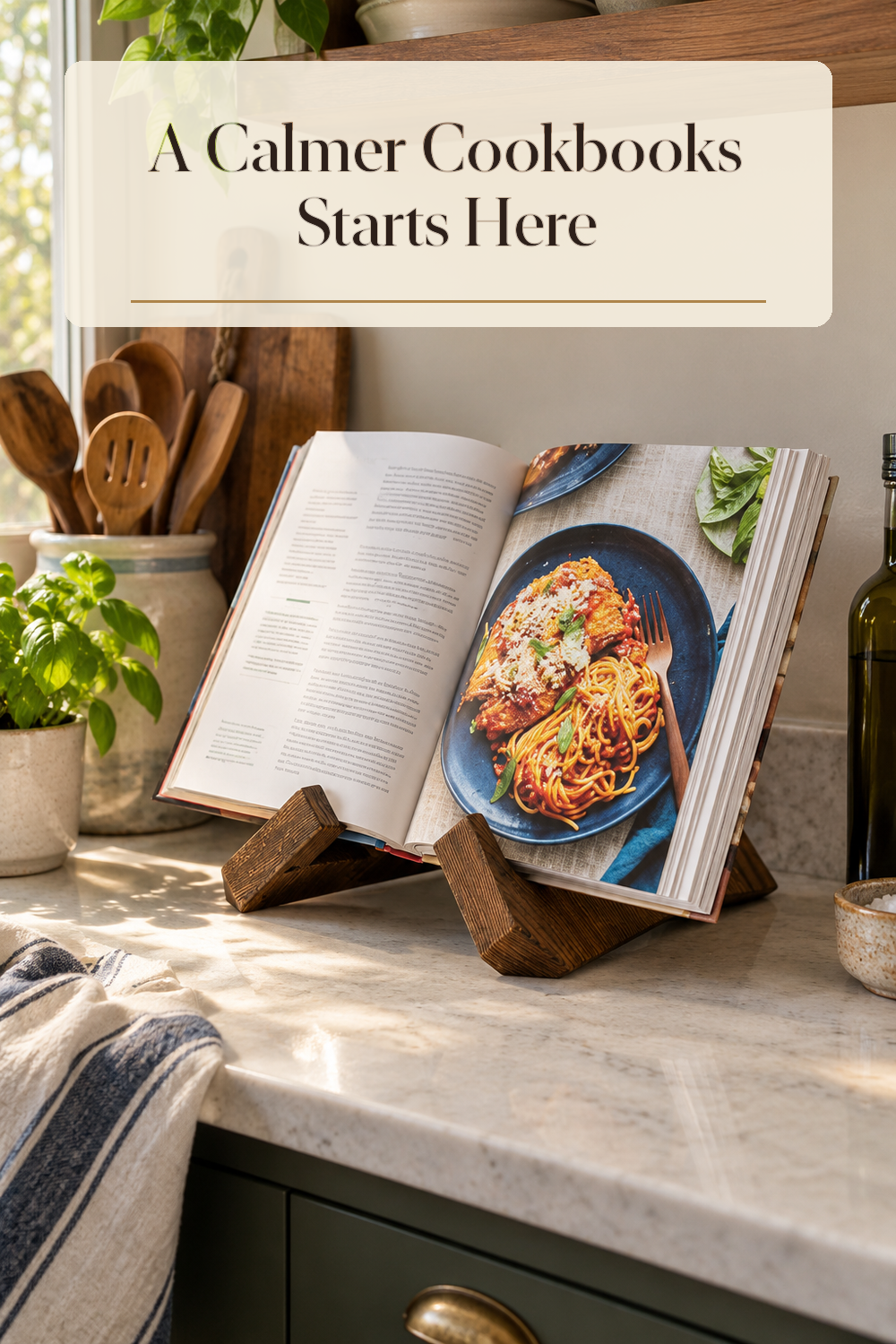 A realistic cookbook organizer organizing cookbooks in a naturally lit lived-in home.