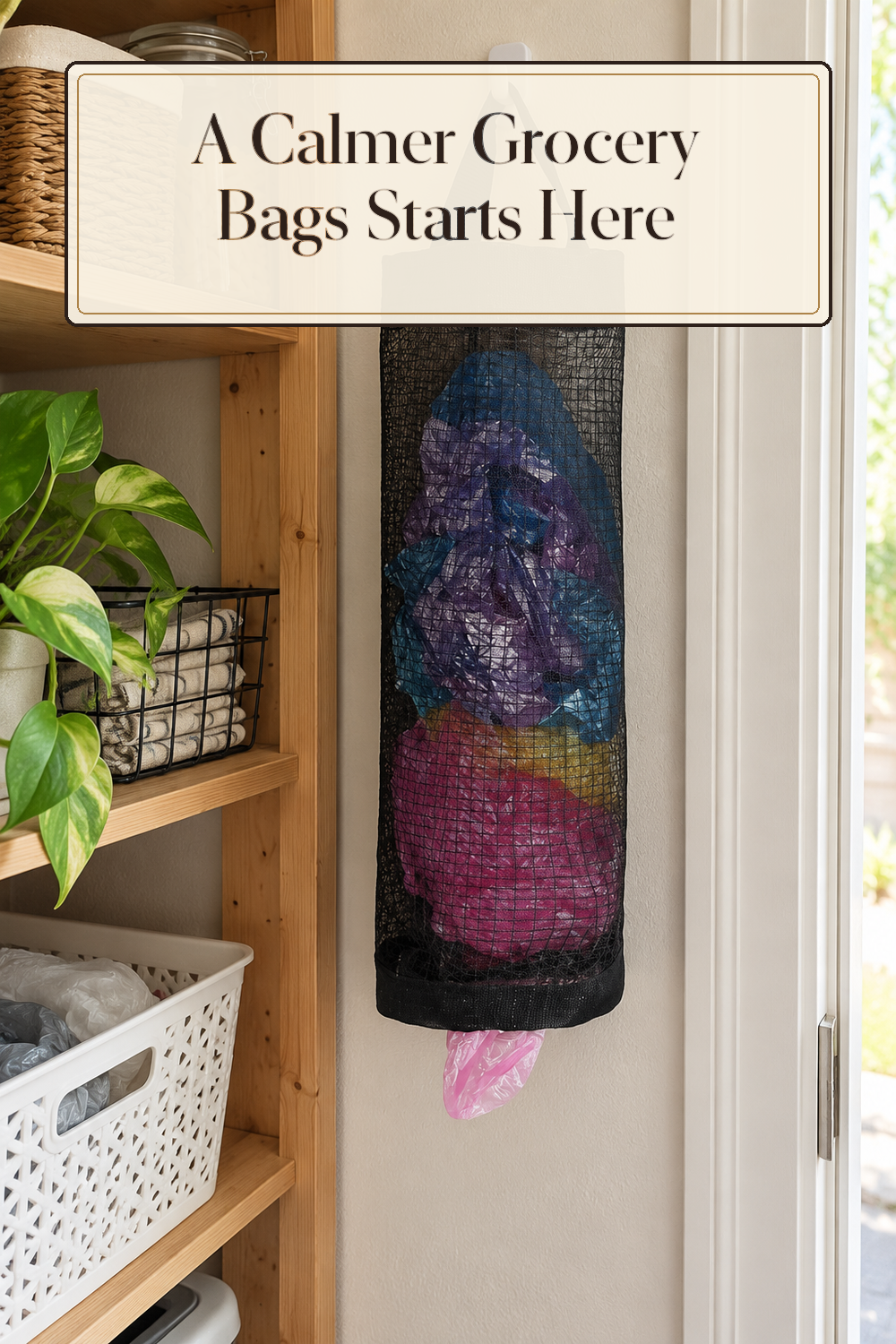 A realistic bag organizer organizing grocery bags in a naturally lit lived-in home.