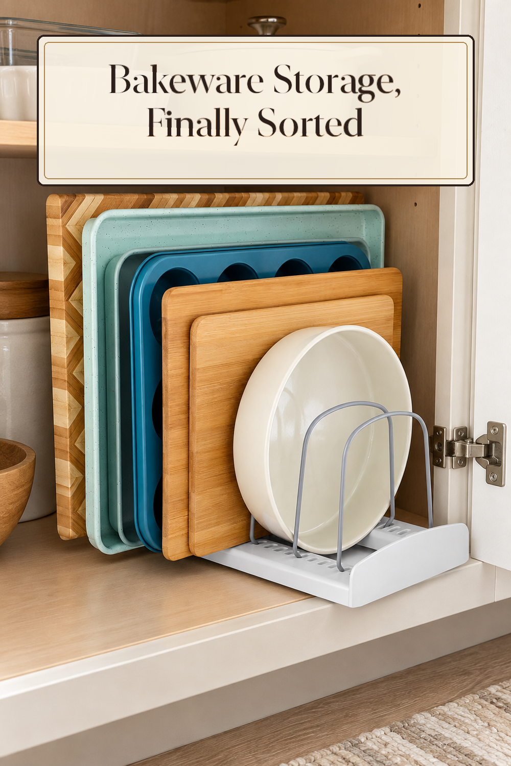 A realistic bakeware organizer organizing bakeware in a naturally lit lived-in home.
