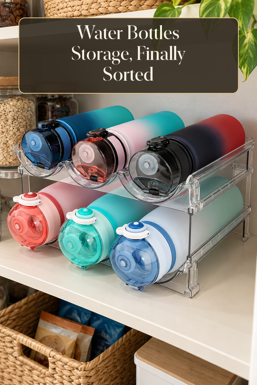 A realistic water bottle organizer organizing water bottles in a naturally lit lived-in home.