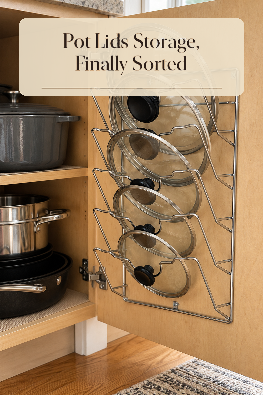 A realistic pot lid organizer organizing pot lids in a naturally lit lived-in home.