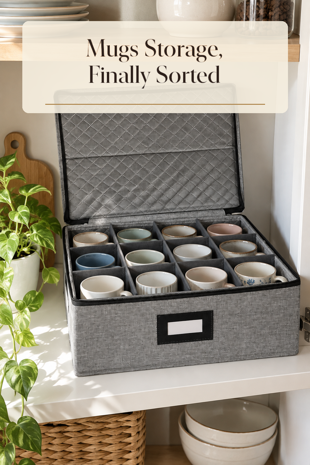 A realistic mug organizer organizing mugs in a naturally lit lived-in home.