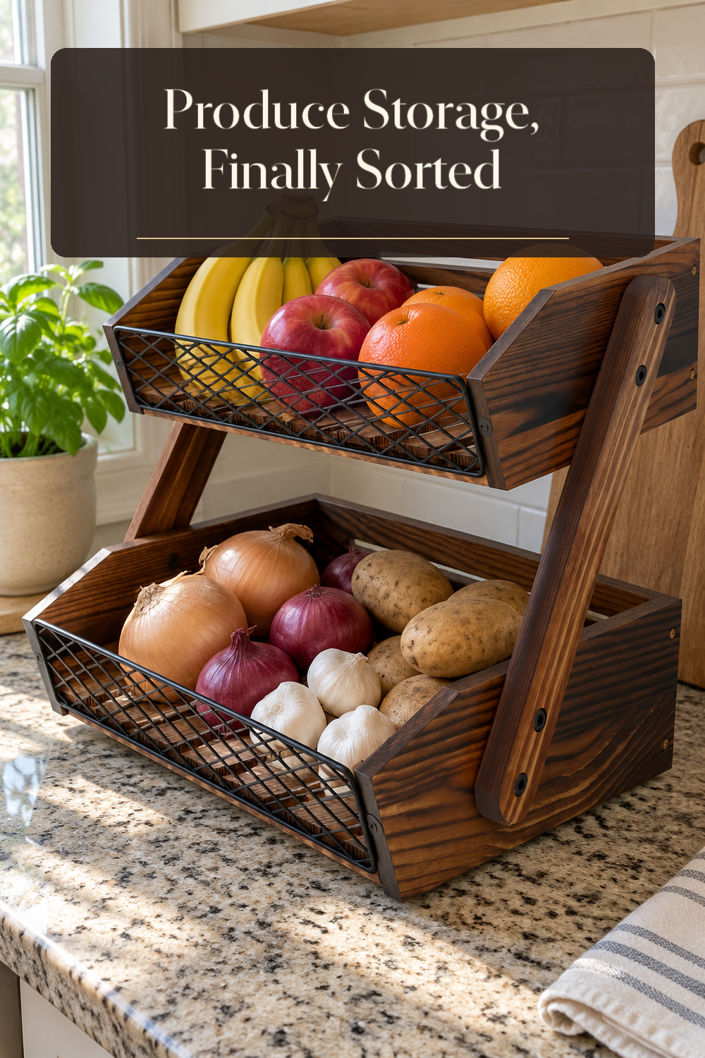 A realistic produce basket organizing produce in a naturally lit lived-in home.