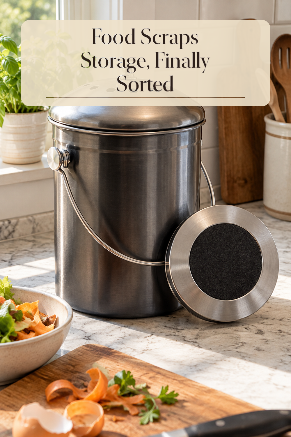 A realistic compost bin organizing food scraps in a naturally lit lived-in home.