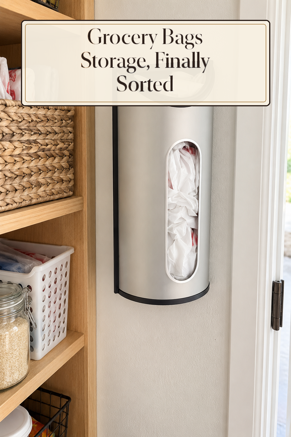 A realistic bag organizer organizing grocery bags in a naturally lit lived-in home.