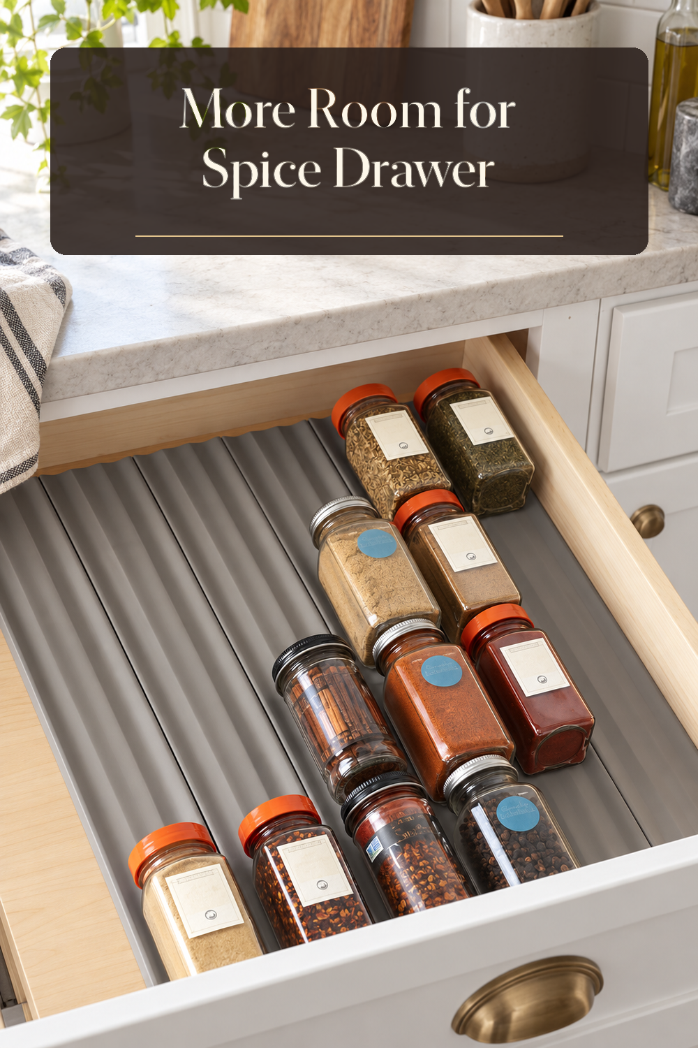 A realistic spice organizer organizing spice drawer in a naturally lit lived-in home.