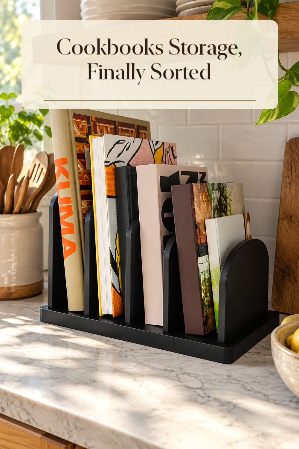 A realistic cookbook organizer organizing cookbooks in a naturally lit lived-in home.