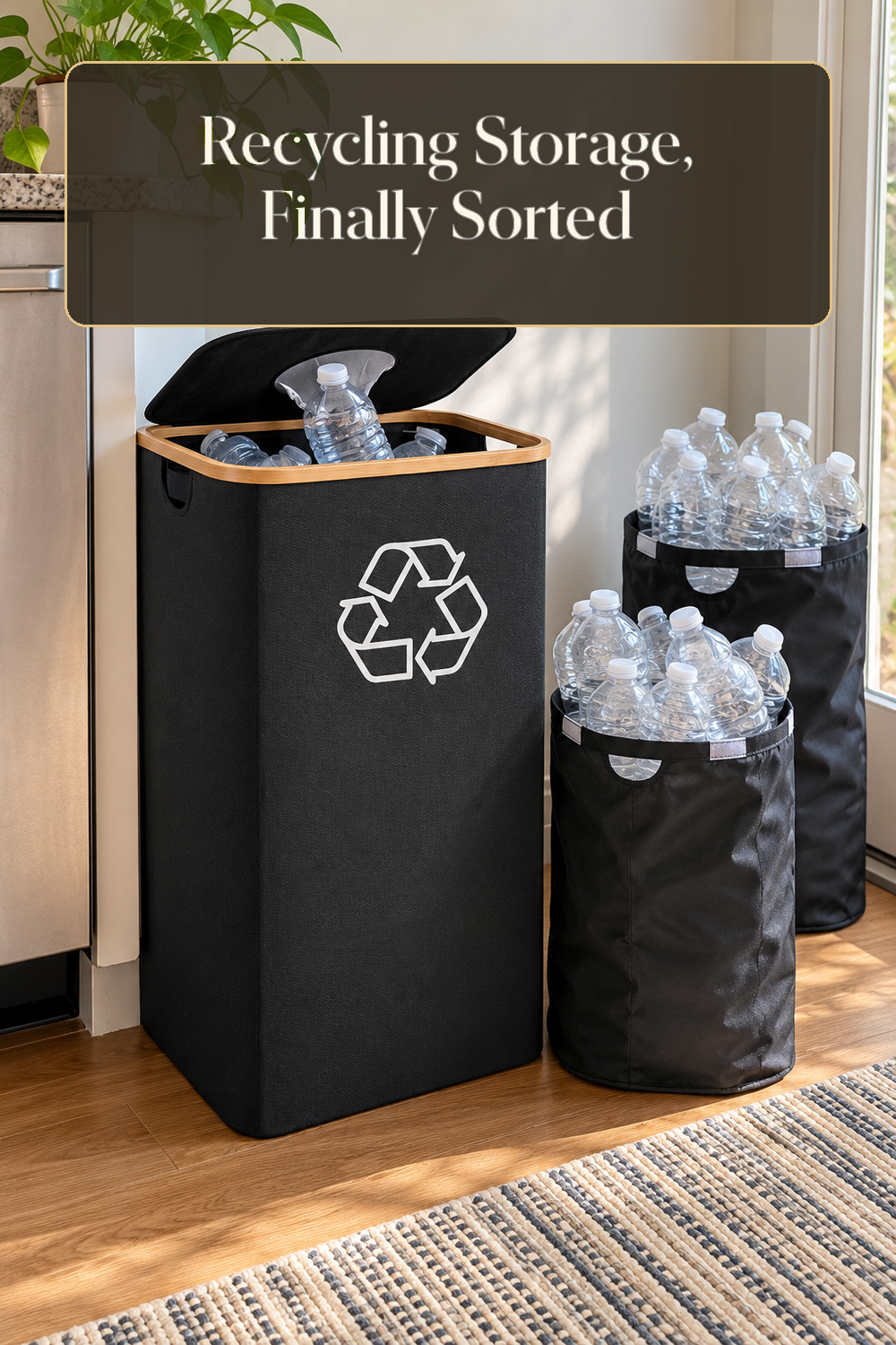 A realistic recycling organizer organizing recycling in a naturally lit lived-in home.