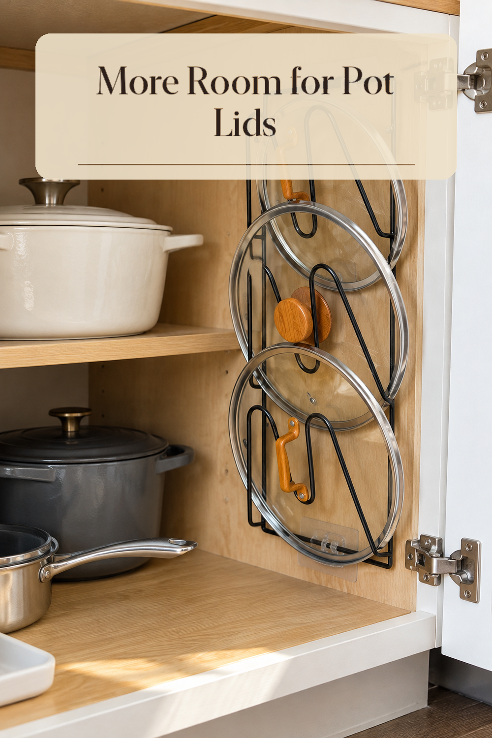 A realistic pot lid organizer organizing pot lids in a naturally lit lived-in home.