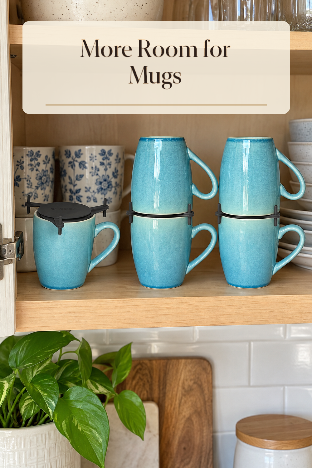 A realistic mug organizer organizing mugs in a naturally lit lived-in home.