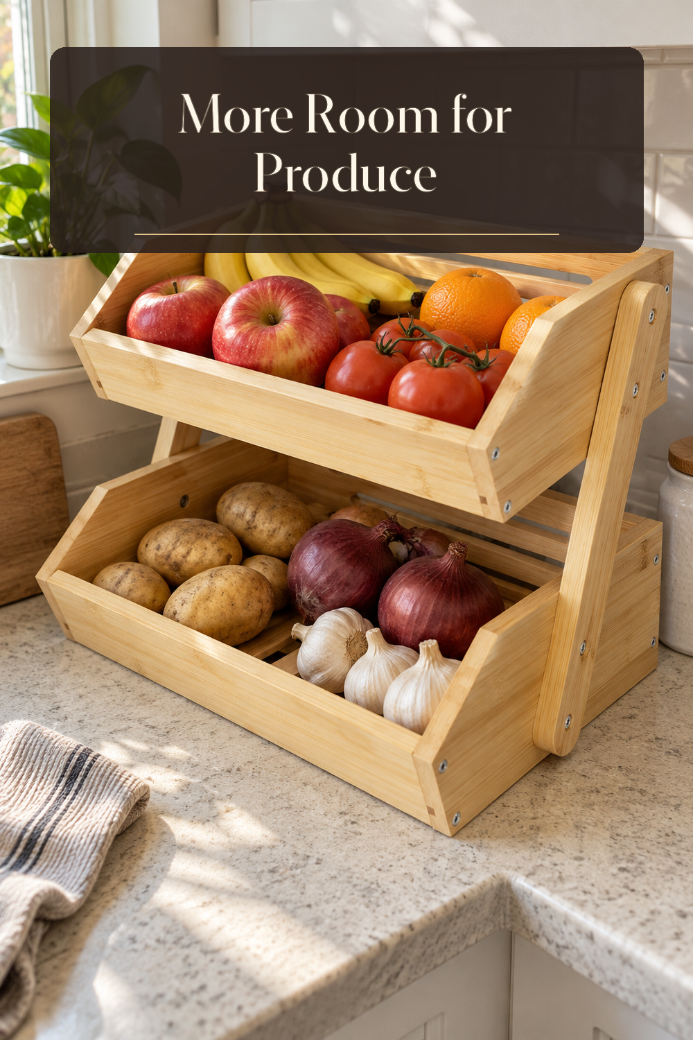 A realistic produce basket organizing produce in a naturally lit lived-in home.