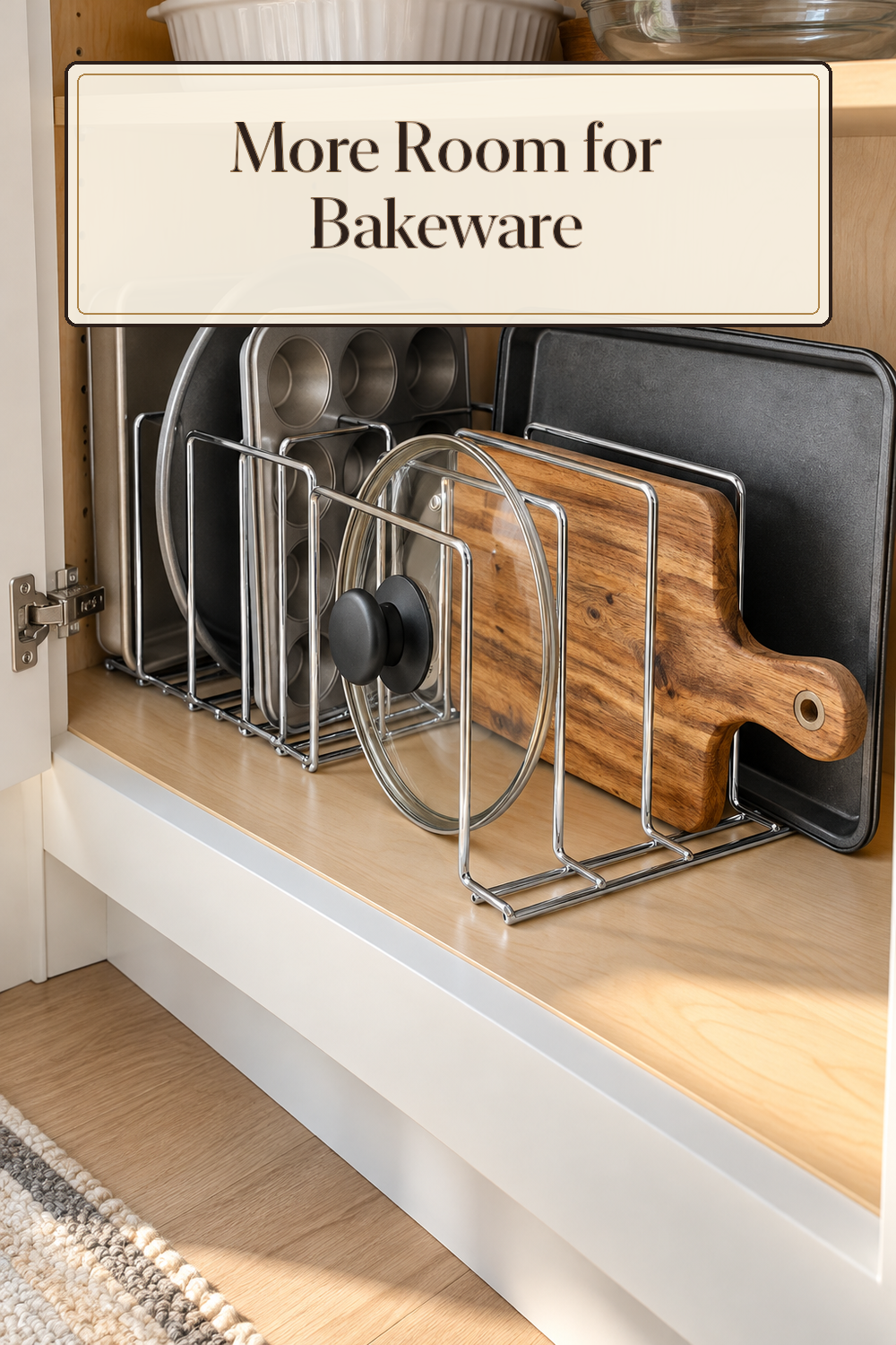 A realistic bakeware organizer organizing bakeware in a naturally lit lived-in home.