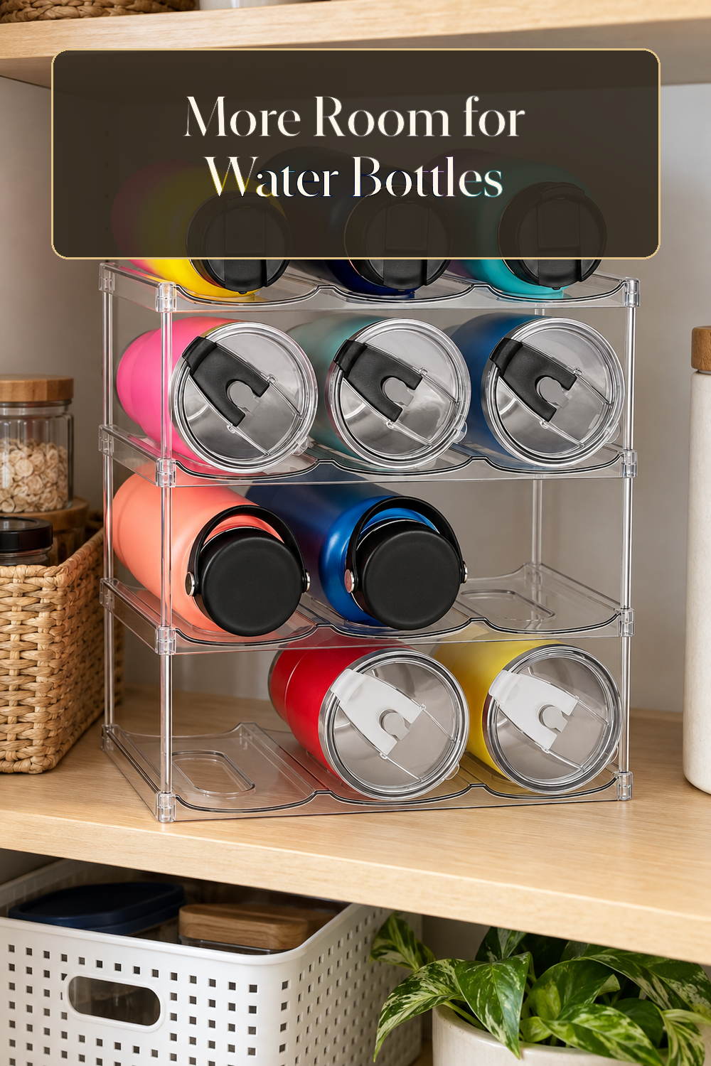 A realistic water bottle organizer organizing water bottles in a naturally lit lived-in home.