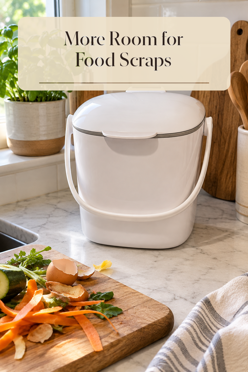 A realistic compost bin organizing food scraps in a naturally lit lived-in home.