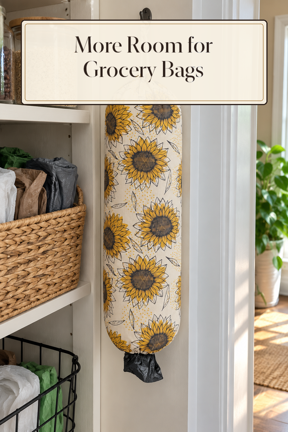 A realistic bag organizer organizing grocery bags in a naturally lit lived-in home.