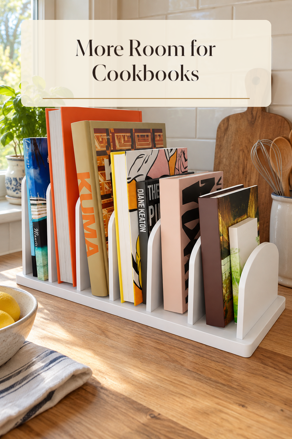 A realistic cookbook organizer organizing cookbooks in a naturally lit lived-in home.