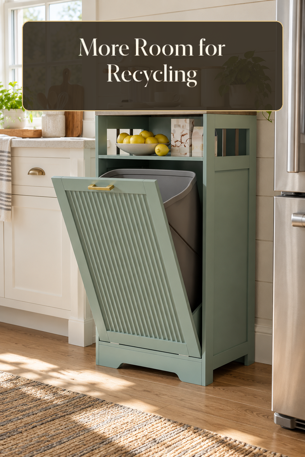 A realistic recycling organizer organizing recycling in a naturally lit lived-in home.