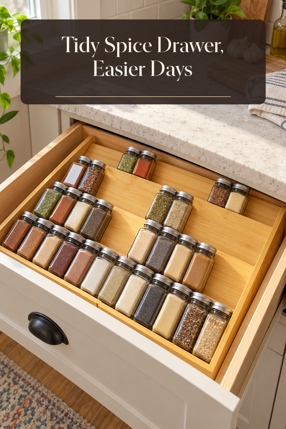 A realistic spice organizer organizing spice drawer in a naturally lit lived-in home.