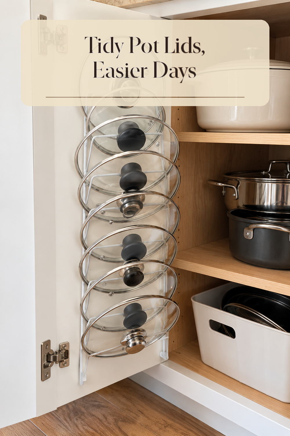A realistic pot lid organizer organizing pot lids in a naturally lit lived-in home.