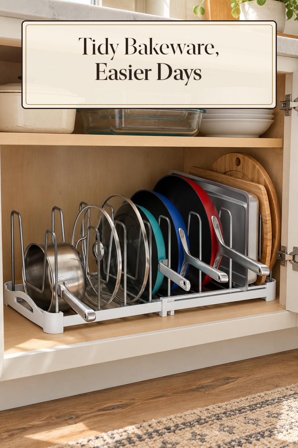 A realistic bakeware organizer organizing bakeware in a naturally lit lived-in home.