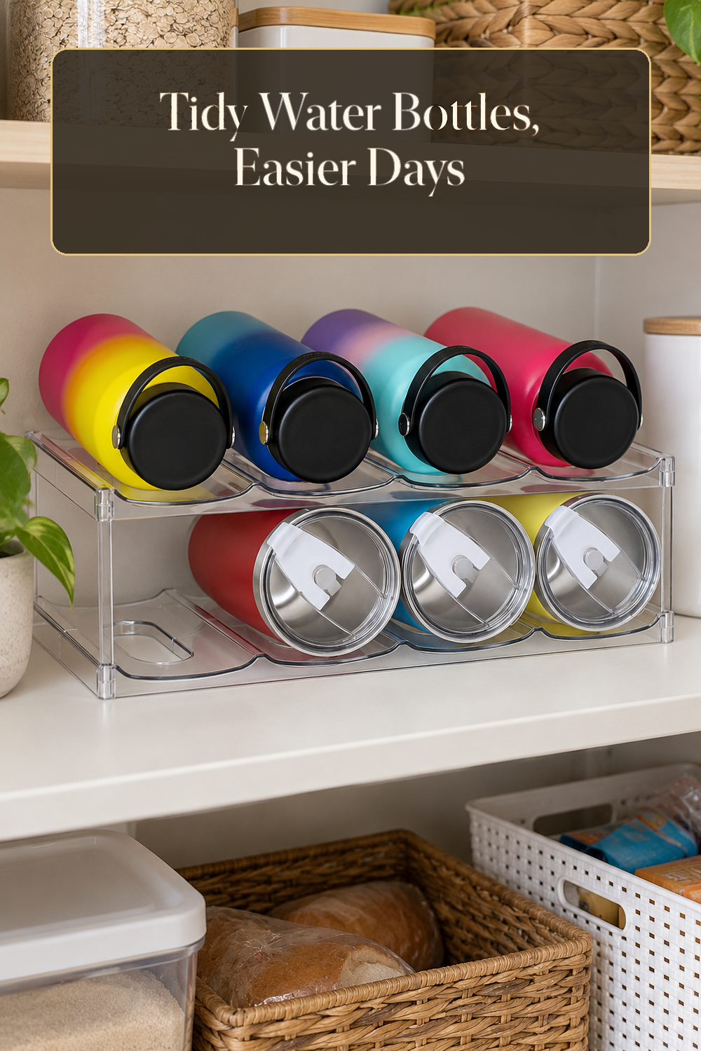 A realistic water bottle organizer organizing water bottles in a naturally lit lived-in home.