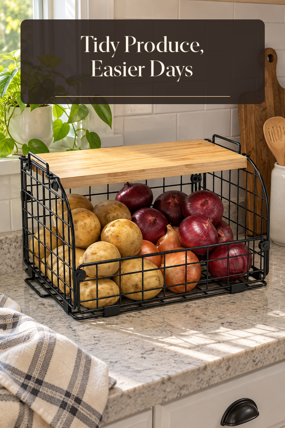 A realistic produce basket organizing produce in a naturally lit lived-in home.