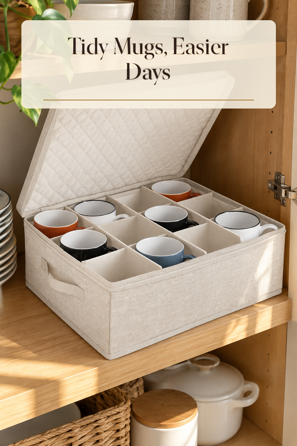 A realistic mug organizer organizing mugs in a naturally lit lived-in home.