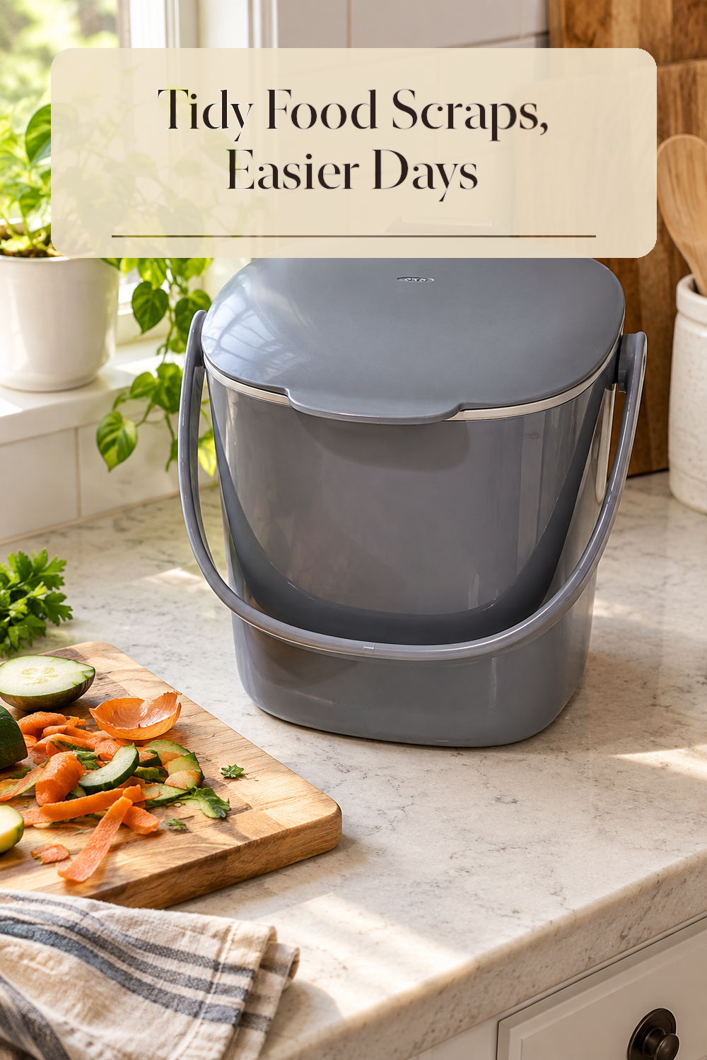 A realistic compost bin organizing food scraps in a naturally lit lived-in home.