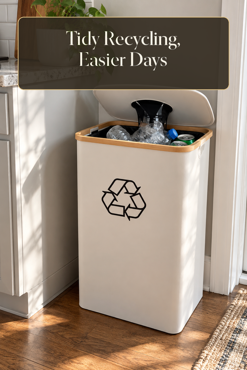 A realistic recycling organizer organizing recycling in a naturally lit lived-in home.