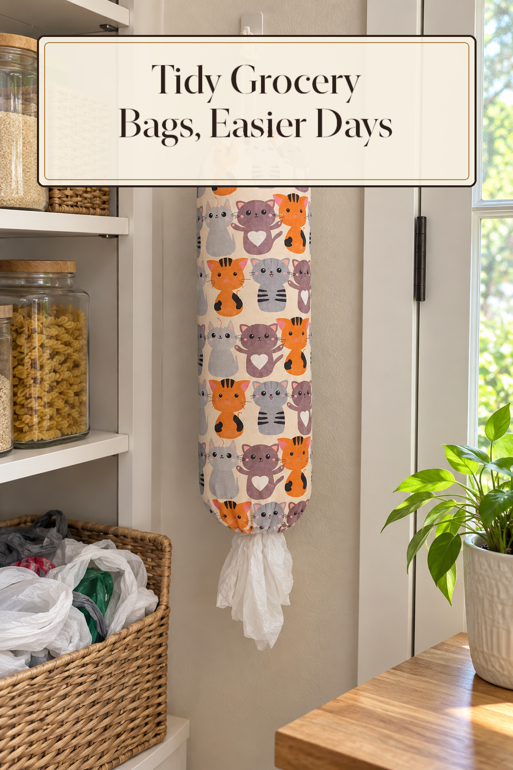 A realistic bag organizer organizing grocery bags in a naturally lit lived-in home.