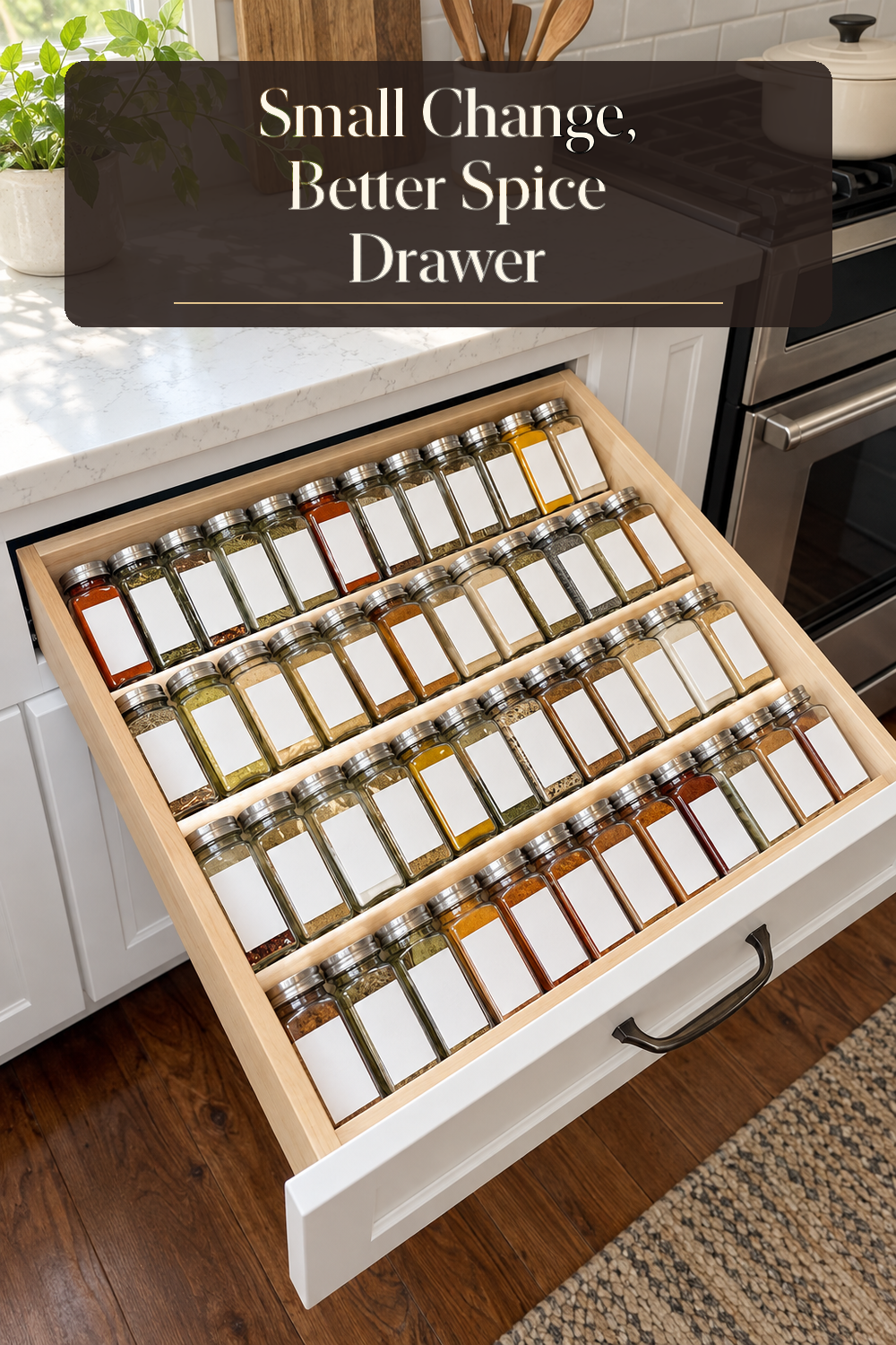 A realistic spice organizer organizing spice drawer in a naturally lit lived-in home.