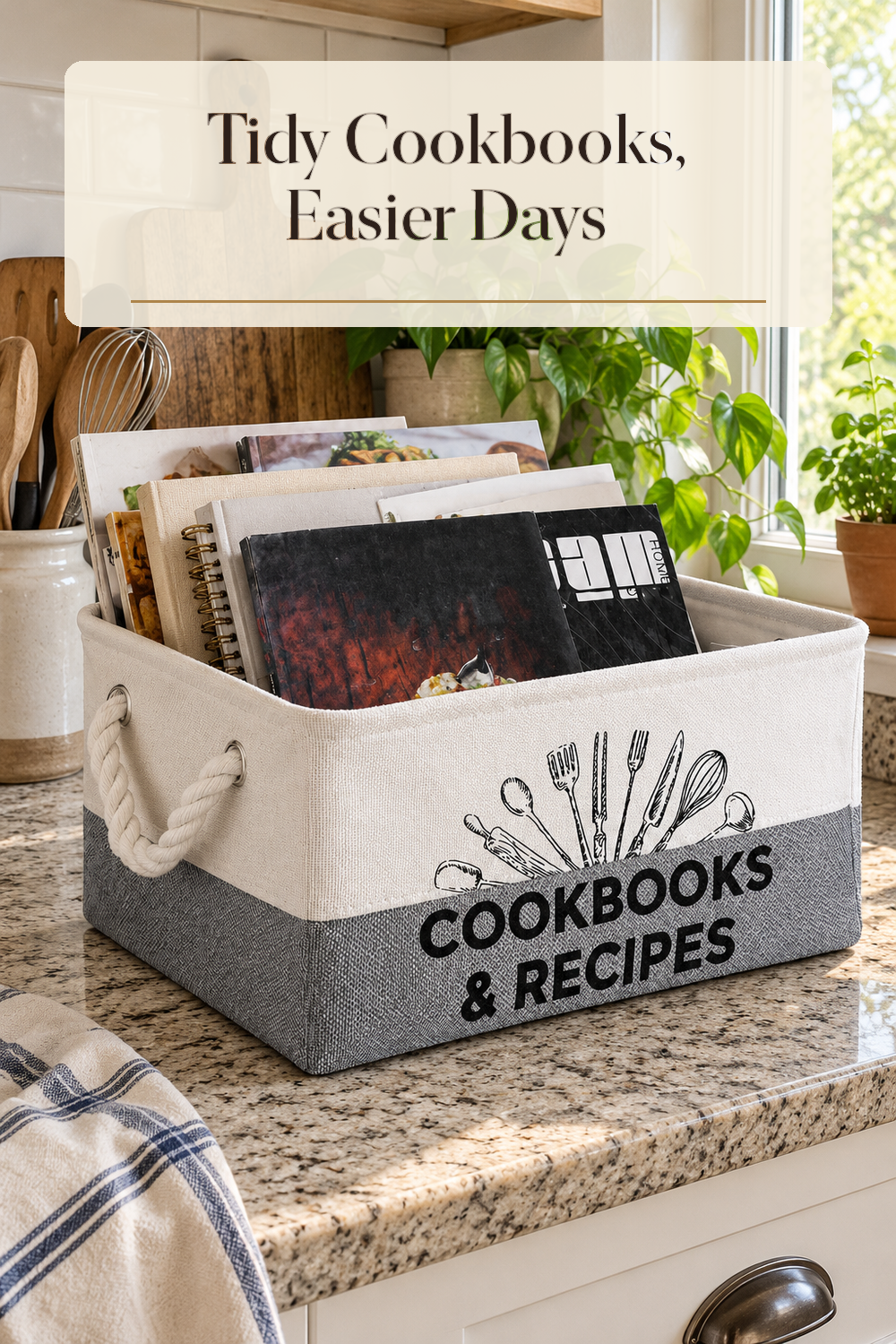A realistic cookbook organizer organizing cookbooks in a naturally lit lived-in home.