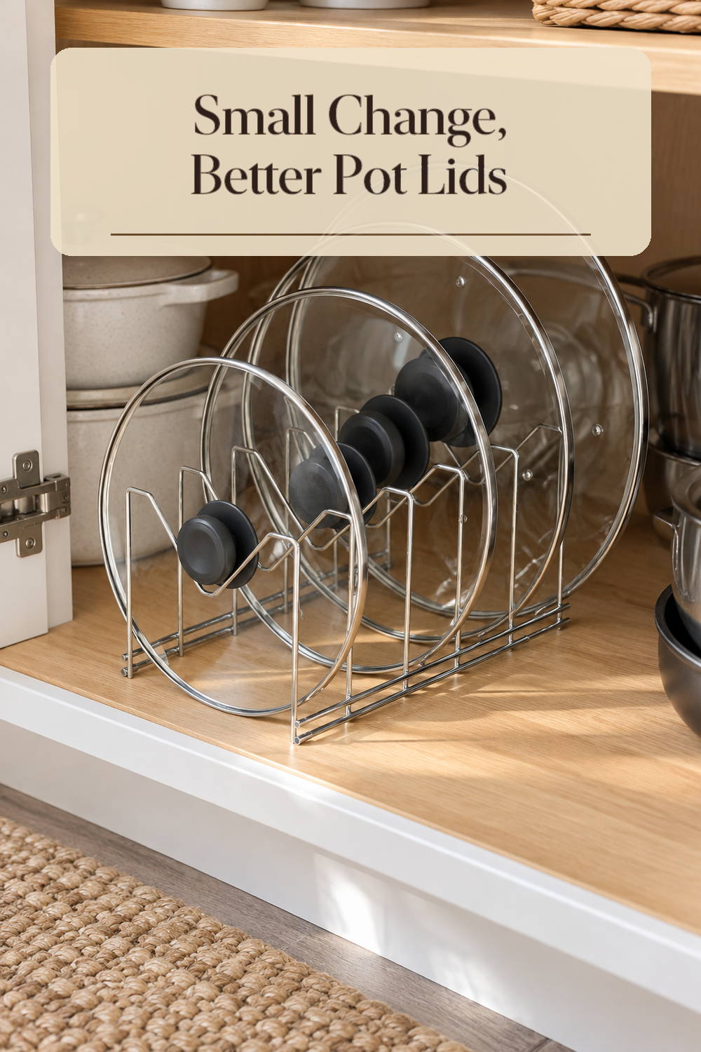 A realistic pot lid organizer organizing pot lids in a naturally lit lived-in home.