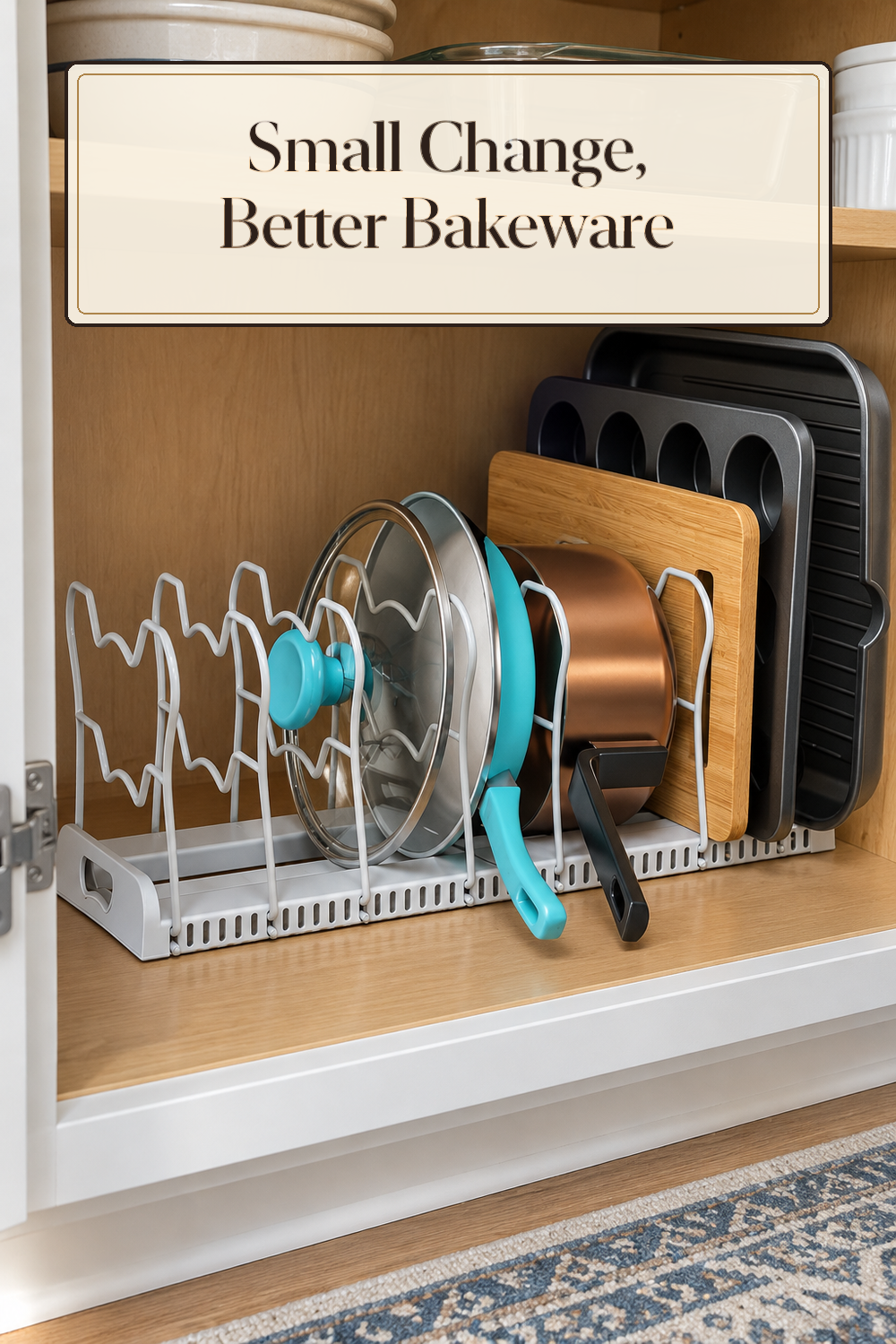 A realistic bakeware organizer organizing bakeware in a naturally lit lived-in home.