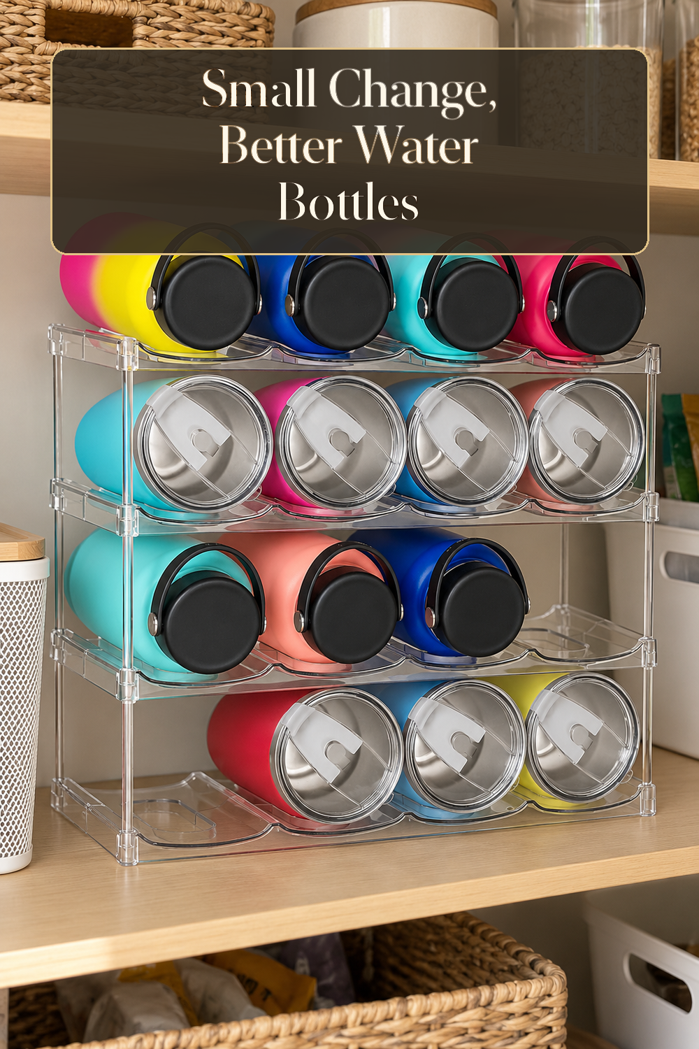 A realistic water bottle organizer organizing water bottles in a naturally lit lived-in home.