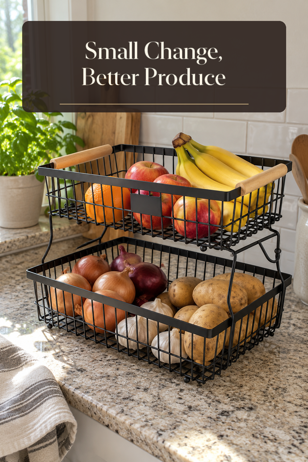 A realistic produce basket organizing produce in a naturally lit lived-in home.