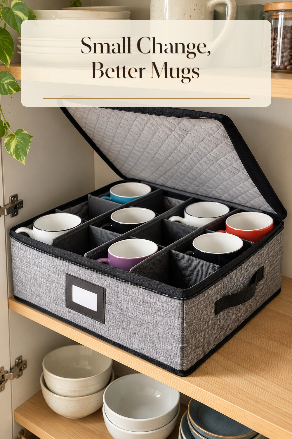 A realistic mug organizer organizing mugs in a naturally lit lived-in home.